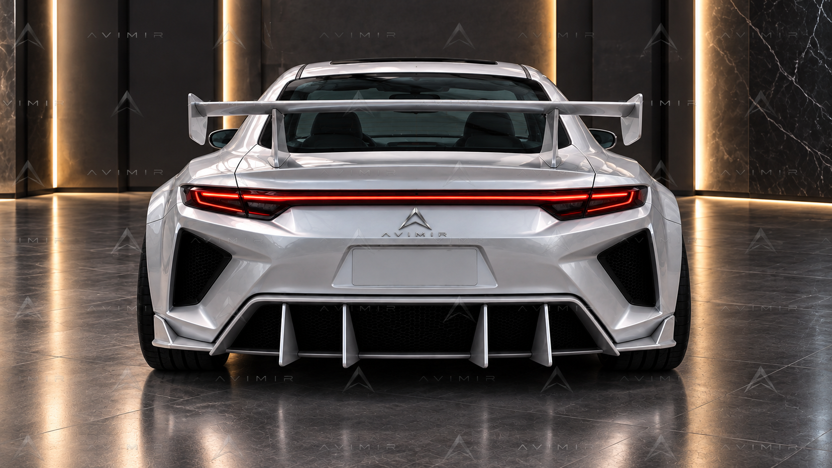 coupé plateado en garaje futurista